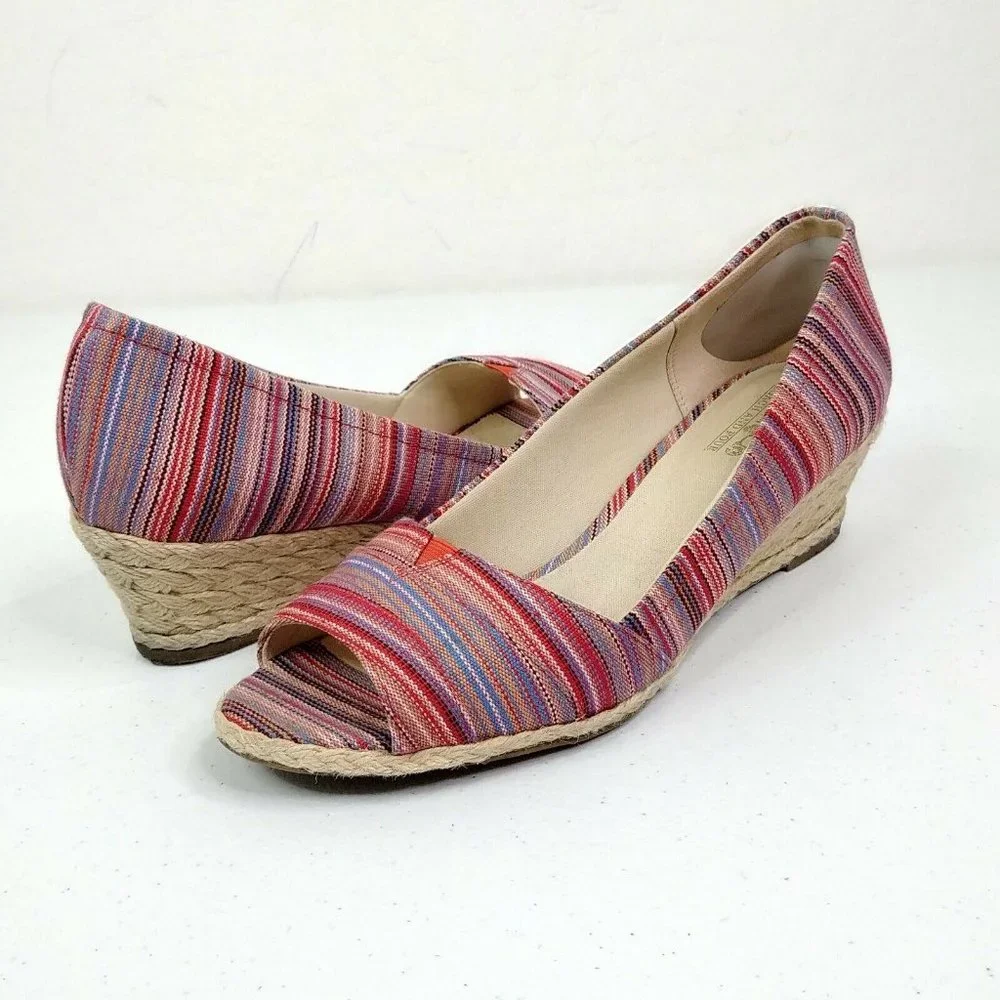 Coach And Four Lucine Stripe Peep Toe Espadrille Wedge Shoes Women's Size 9